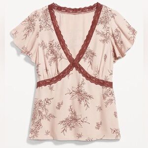 Old Navy Pink floral Lace-Trim V-Neck Crepe Top - NWT Size medium